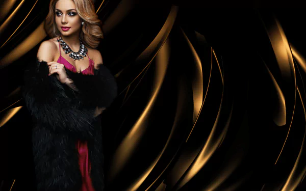 A glamorous woman in a fur coat poses confidently in a striking red dress, complemented by elegant jewelry, set against a dynamic, dark background. 4K Ultra HD desktop wallpaper.