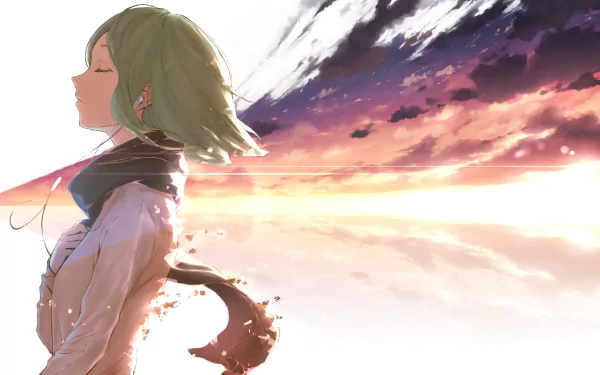 A serene scene featuring GUMI from Vocaloid, depicted in anime style with a vibrant background of clouds and colors, creating a captivating HD desktop wallpaper.