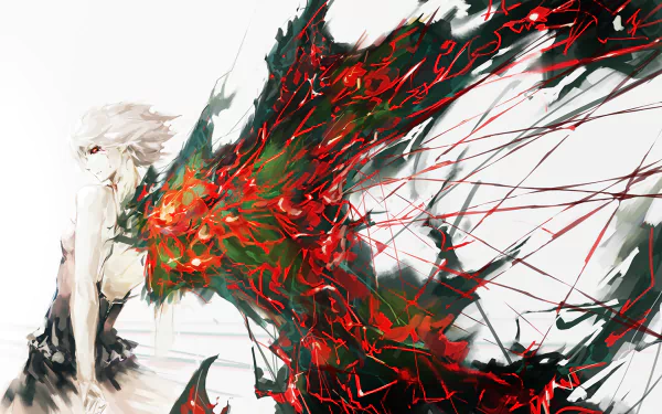 HD desktop wallpaper featuring Touka Kirishima from the anime Tokyo Ghoul, showcasing dynamic red and black energy tendrils extending dramatically from her back.