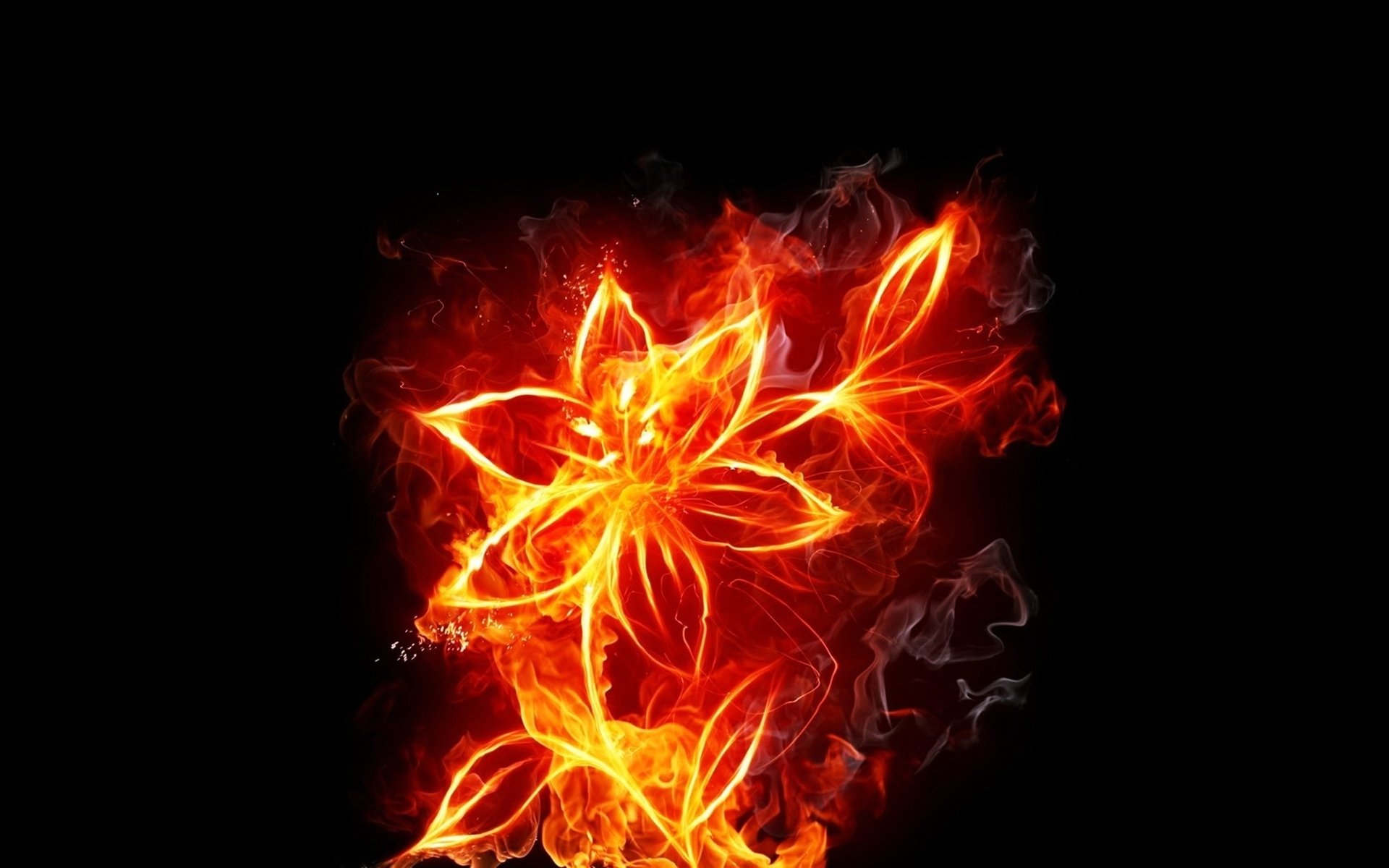 A vibrant 4K Ultra HD PC wallpaper featuring an artistic flower made of fiery flames and swirling smoke against a black background.