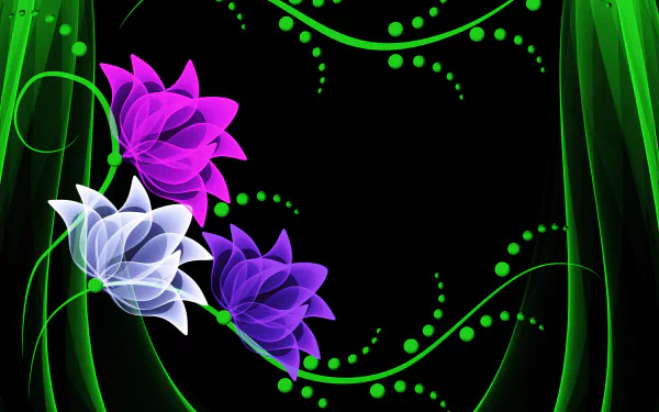 HD desktop wallpaper featuring an artistic neon flower design with glowing pink, white, and purple flowers against a black background, adorned with green, swirling vines and dots.
