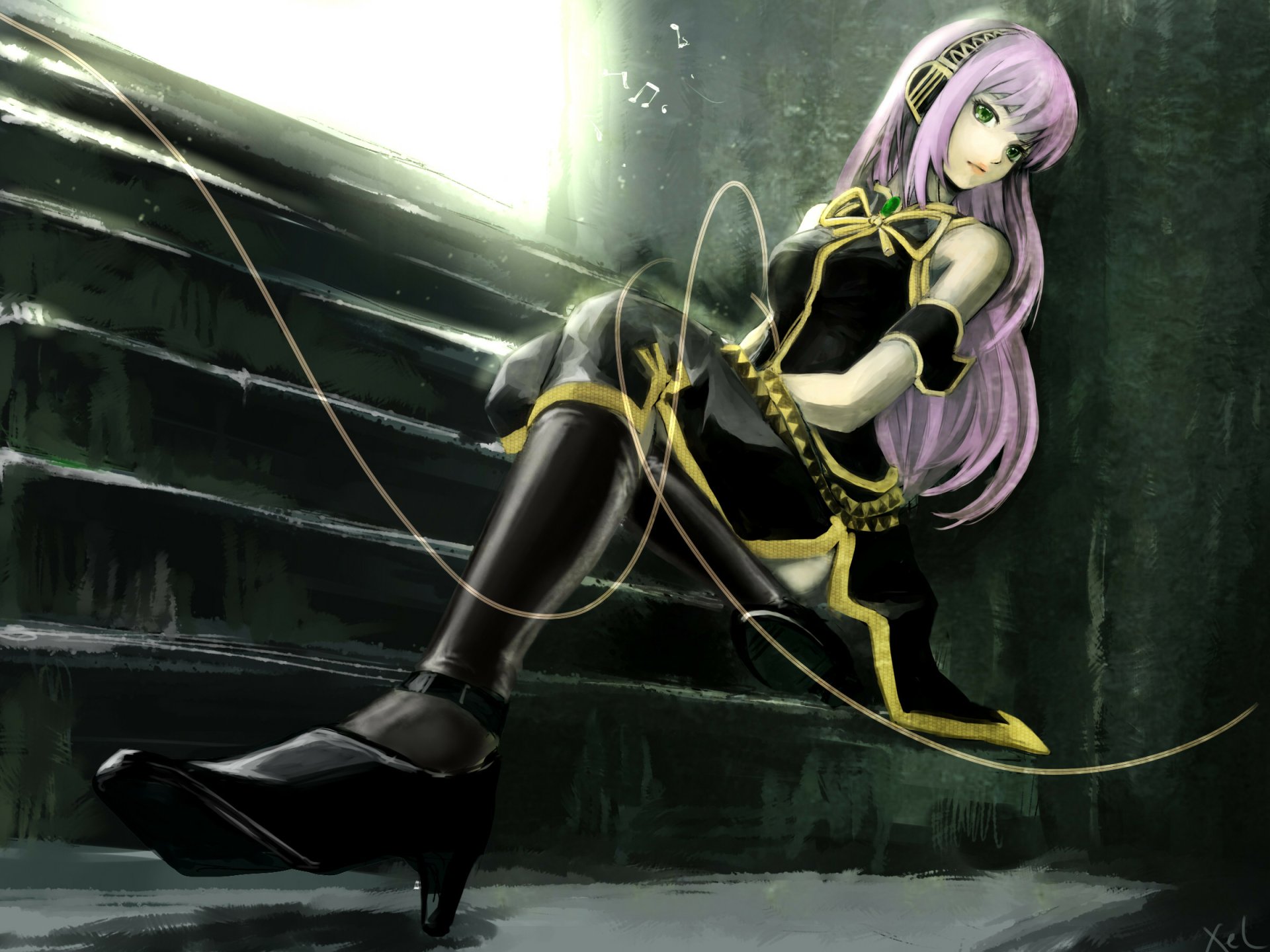 Luka Megurine (Vocaloid) anime HD desktop wallpaper: purple-haired singer in black-and-gold outfit sits on dark stone steps, green eyes, headphones and cables beside her.