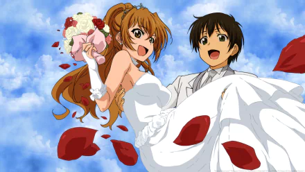 HD desktop wallpaper featuring Banri Tada and Kōko Kaga from the anime Golden Time, depicted in a joyful wedding scene with a blue sky backdrop, rose petals, and Kōko holding a bouquet.
