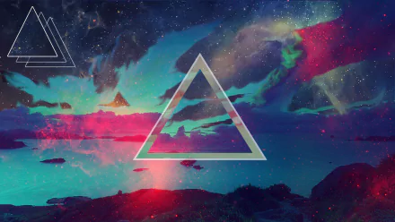 HD desktop wallpaper of a retro wave art illustration featuring an ethereal starlit sea with glowing triangles and vivid, artistic color gradients.