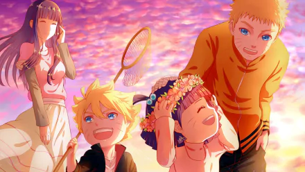 HD wallpaper featuring Naruto Uzumaki, Hinata Hyuga, Boruto Uzumaki, and Himawari Uzumaki from Boruto: Naruto the Movie against a vibrant sunset.