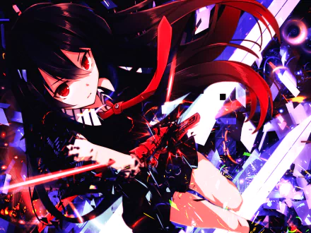 HD desktop wallpaper featuring Akame from Akame ga Kill! in a dynamic action pose with a sword, set against a vivid and abstract background.