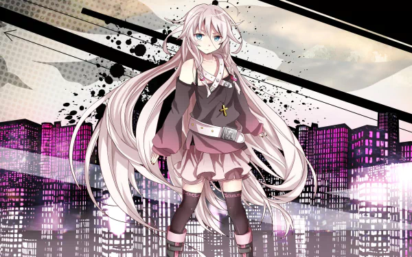 Anime-style HD wallpaper featuring IA from Vocaloid, with long white hair, blue eyes, and a stylish outfit, set against a vibrant urban background.