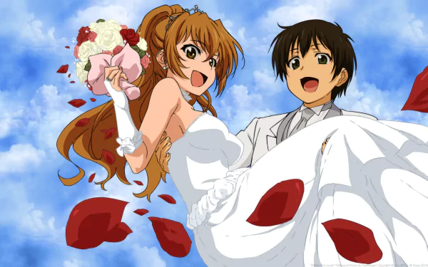 HD desktop wallpaper featuring Banri Tada and Kōko Kaga from the anime Golden Time, depicted in a joyful wedding scene with a blue sky backdrop, rose petals, and Kōko holding a bouquet.