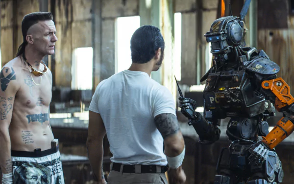 Warehouse confrontation: two gang members face a humanoid police robot (Chappie) in a gritty movie still, presented as a 2K Quad HD PC desktop wallpaper.