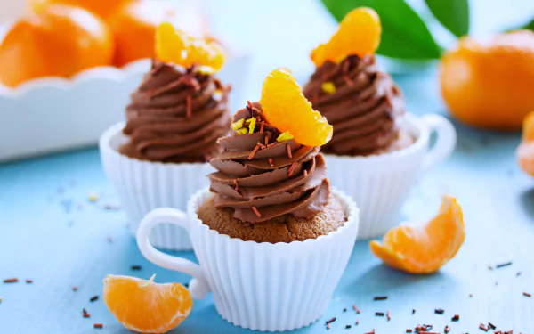 Close-up of chocolate-topped madeleine desserts garnished with orange segments and zest, set against a soft blue background with fresh oranges, captured in 4K Ultra HD.