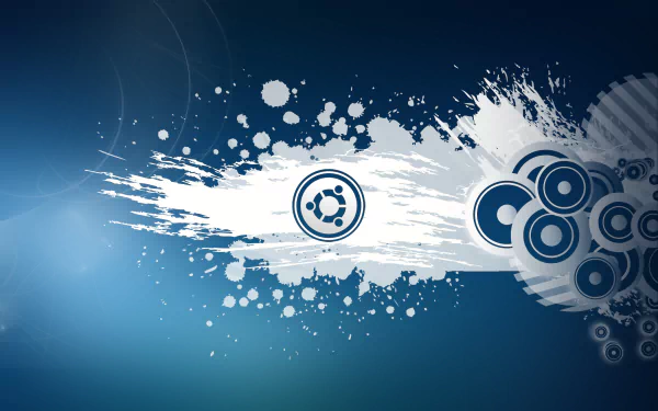 A vibrant HD desktop wallpaper featuring abstract designs in blue and white, showcasing the Ubuntu logo, celebrating technology and the Linux operating system.