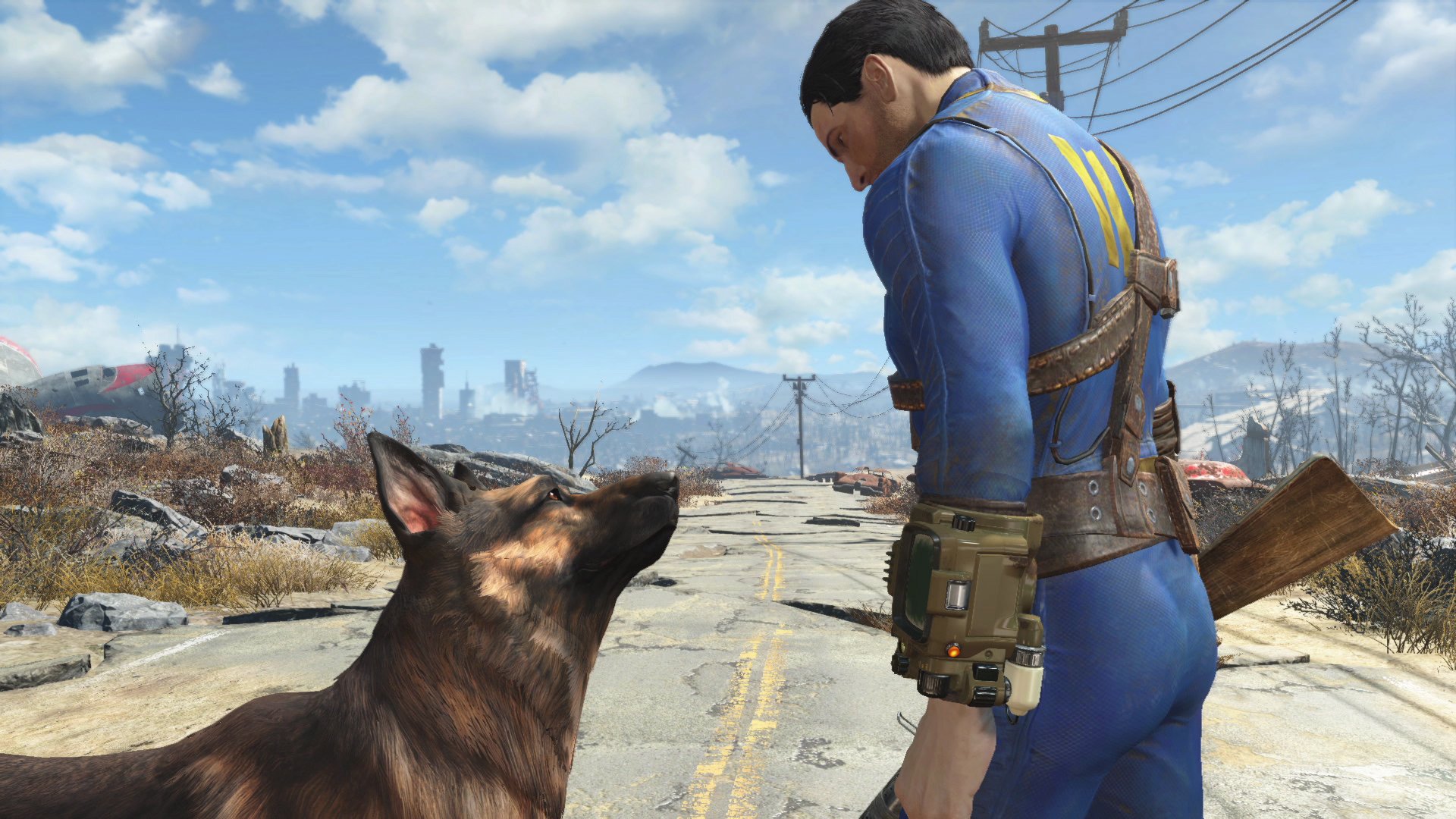 A HD desktop wallpaper featuring a Vault Dweller in Fallout 4, gazing down at a loyal dog in a post-apocalyptic landscape under a bright blue sky.