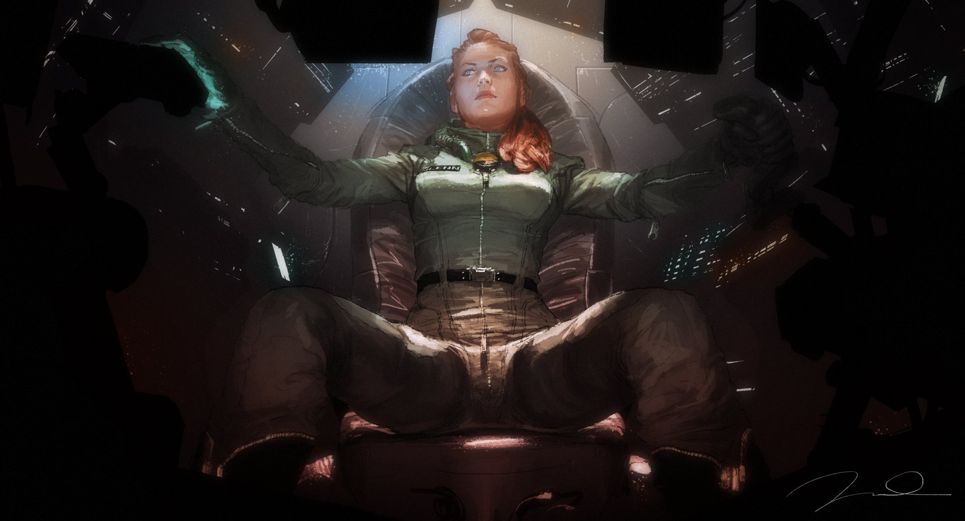 A sci-fi themed 4K Ultra HD wallpaper featuring a woman seated in a futuristic cockpit, surrounded by glowing technology, exuding strength and focus.