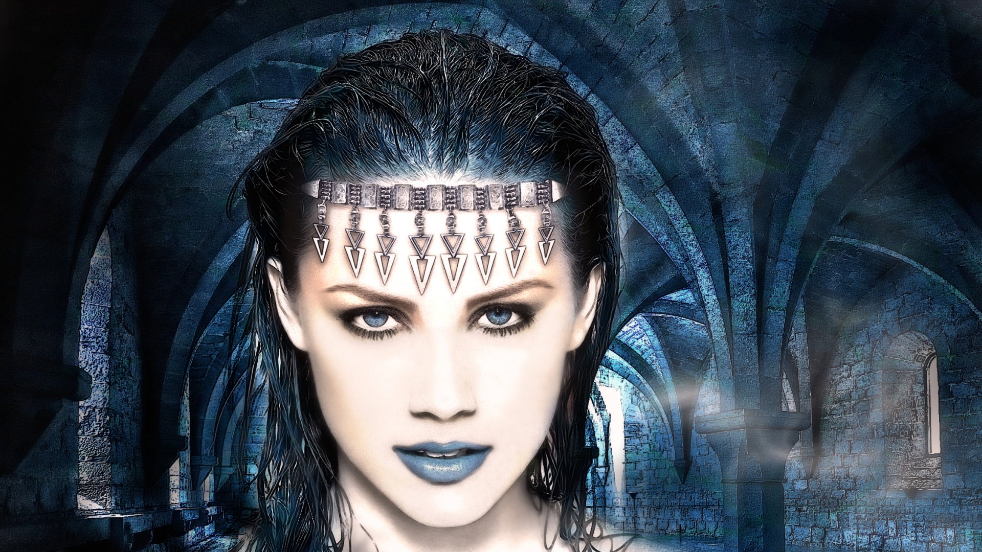 A fantasy-themed HD PC wallpaper featuring a woman with striking blue eyes and dark makeup, set against a mysterious castle backdrop with arched corridors.