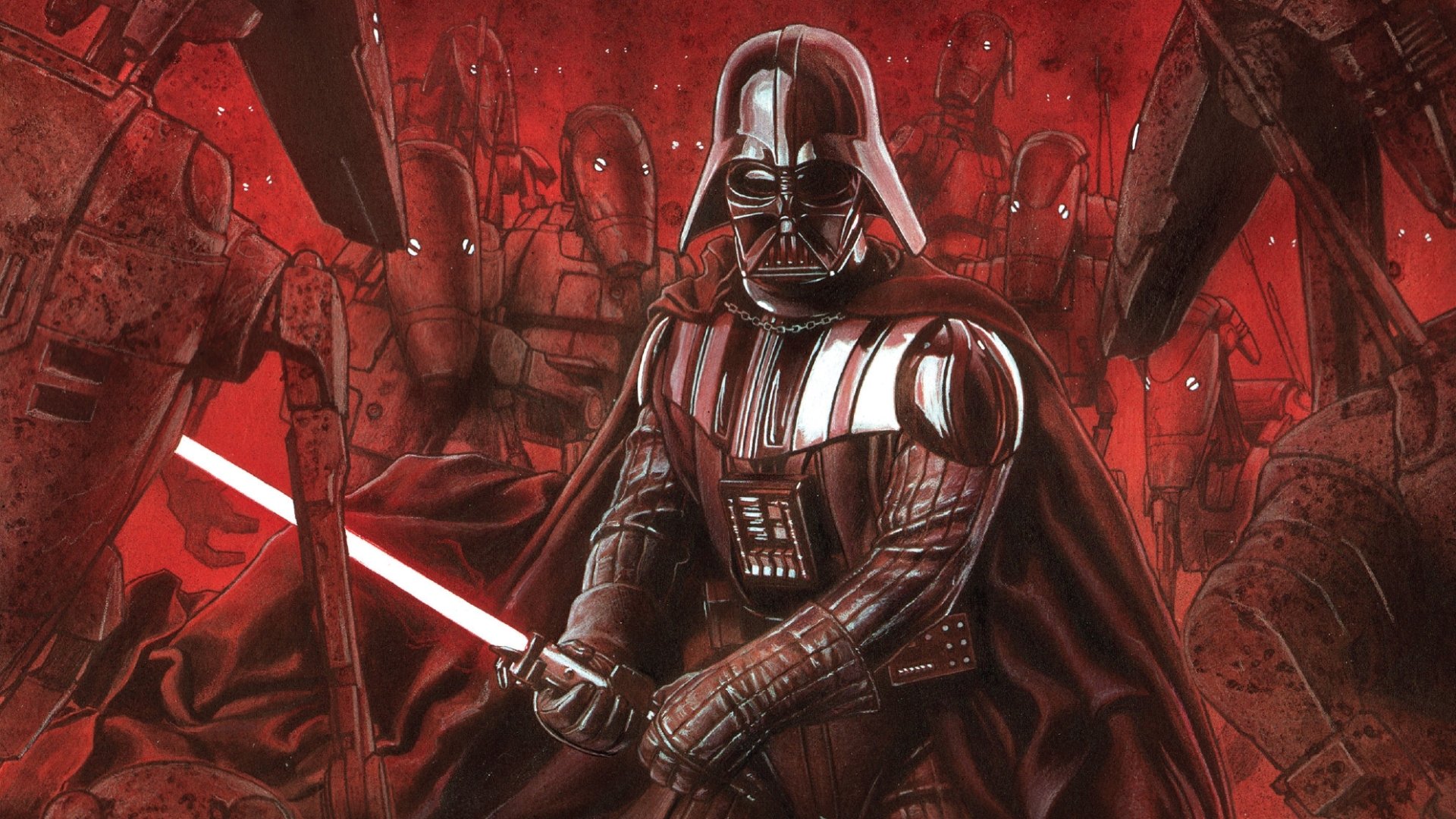 A striking HD wallpaper featuring Darth Vader wielding a lightsaber amidst a backdrop of Battle Droids, embodying the epic clash of the Star Wars universe in comic style.