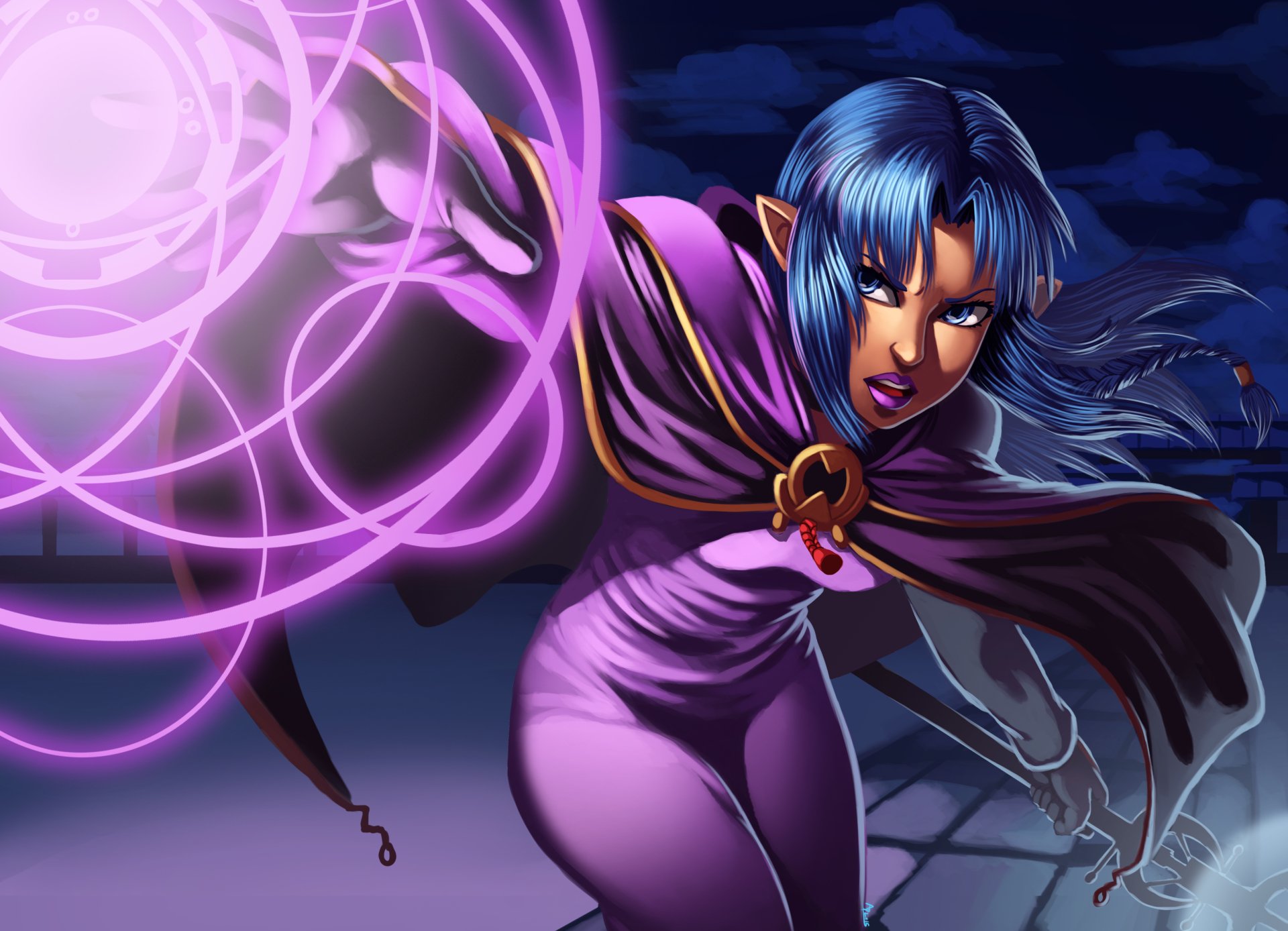 Fantasy woman warrior with blue hair and purple cloak channeling swirling magenta energy — 2K Quad HD PC desktop wallpaper and background.
