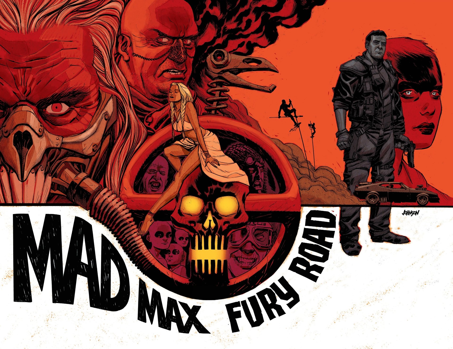 4K Ultra HD wallpaper featuring The Splendid Angharad, Immortan Joe, Imperator Furiosa, and Max Rockatansky from the movie Mad Max: Fury Road.