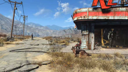 A vibrant HD desktop wallpaper from Fallout 4, featuring a post-apocalyptic landscape with a dog and a figure near a rundown building against a mountainous backdrop.