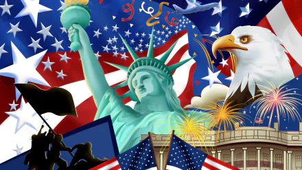 A vibrant 4th of July-themed HD desktop wallpaper featuring the Statue of Liberty, American flags, an eagle, and fireworks, celebrating the holiday spirit.