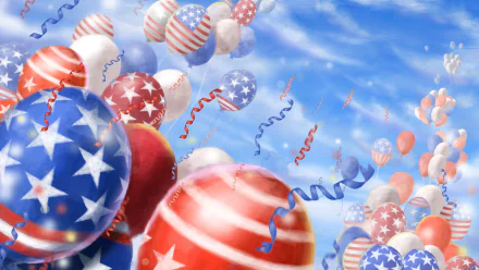 HD PC desktop wallpaper featuring colorful balloons with American flag patterns and festive streamers floating against a bright blue sky, celebrating the 4th of July holiday.