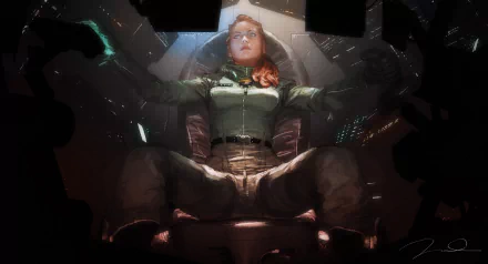 A sci-fi themed 4K Ultra HD wallpaper featuring a woman seated in a futuristic cockpit, surrounded by glowing technology, exuding strength and focus.