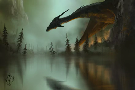 HD fantasy PC desktop wallpaper featuring a dark dragon emerging from misty woods beside a reflective, eerie lake under a stormy sky.