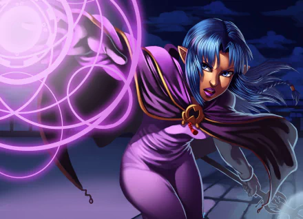 Fantasy woman warrior with blue hair and purple cloak channeling swirling magenta energy — 2K Quad HD PC desktop wallpaper and background.