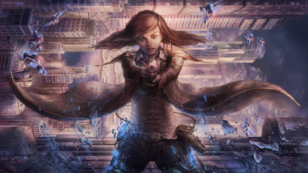 HD PC desktop wallpaper depicting a sci-fi woman warrior with flowing hair aiming a futuristic gun amidst a shattered, high-tech cityscape.