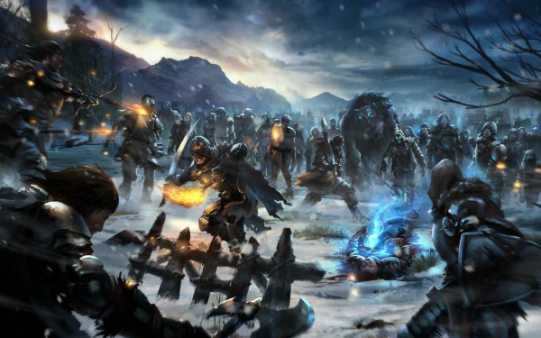 A chilling HD desktop wallpaper depicting an undead warrior amidst a dark, snowy battlefield, inspired by the fantasy world of A Song of Ice and Fire.