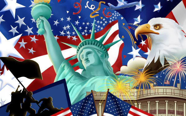 A vibrant 4th of July-themed HD desktop wallpaper featuring the Statue of Liberty, American flags, an eagle, and fireworks, celebrating the holiday spirit.