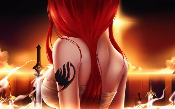 Anime Fairy Tail Erza Scarlet Long Hair Red Hair Tatuaje Woman Warrior Fondo de pantalla HD | Fondo de Escritorio