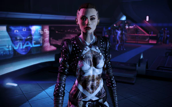 HD PC desktop wallpaper featuring Jack from Mass Effect 3, showcasing the iconic video game character in a futuristic, neon-lit environment.