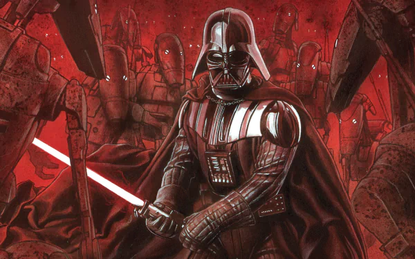 A striking HD wallpaper featuring Darth Vader wielding a lightsaber amidst a backdrop of Battle Droids, embodying the epic clash of the Star Wars universe in comic style.