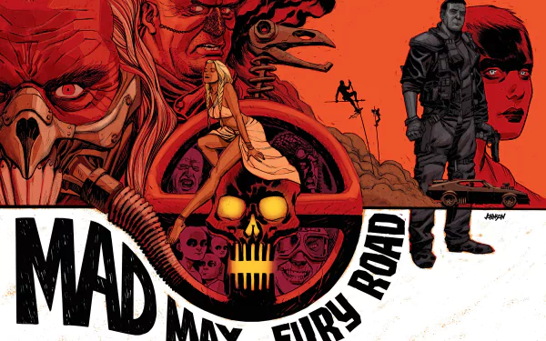 4K Ultra HD wallpaper featuring The Splendid Angharad, Immortan Joe, Imperator Furiosa, and Max Rockatansky from the movie Mad Max: Fury Road.