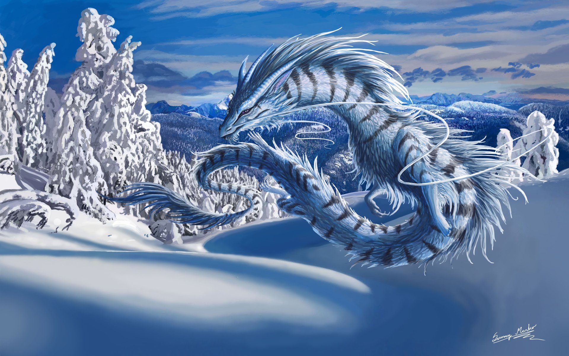 HD winter fantasy desktop wallpaper featuring a majestic dragon flying over a snowy landscape with snow-covered trees in the foreground and mountains in the background.