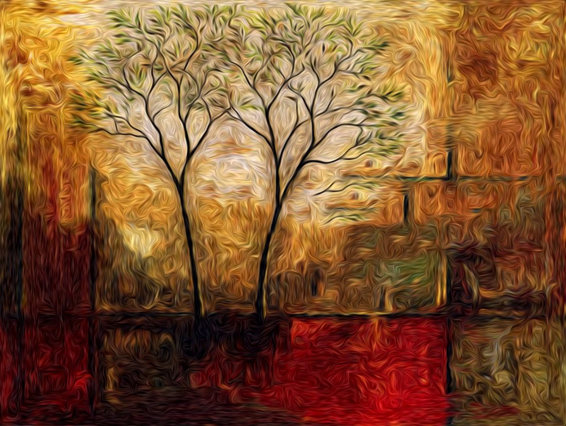 Artistic painting of two trees against a warm, textured background in rich tones of gold and red, serving as an HD desktop wallpaper.