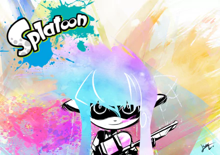 Splatoon character with vibrant ink splashes on a colorful HD desktop wallpaper background.