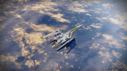 HD PC desktop wallpaper featuring a sleek spaceship from the Sci-Fi video game Destiny, flying above a cloud-covered planet.