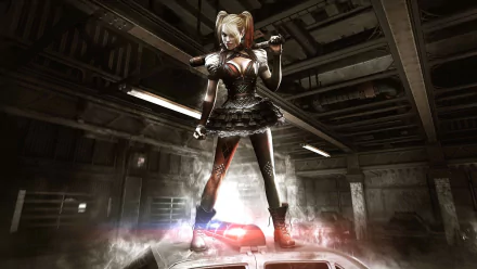 Harley Quinn stands triumphantly on a police car, wielding a bat in a dramatic setting from Batman: Arkham Knight, creating an intense HD desktop wallpaper.