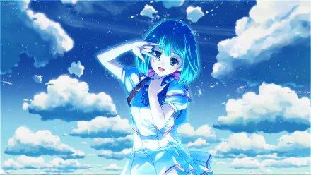 HD PC desktop wallpaper of Ranka Lee from Macross Frontier — anime-style, teal-haired idol singing/posing against a vivid blue sky filled with fluffy clouds.