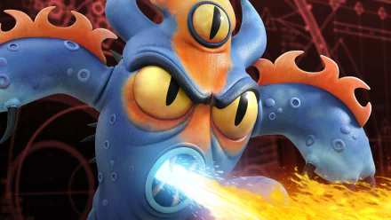 HD PC desktop wallpaper featuring Fredzilla, a fiery blue dragon-like character from the movie Big Hero 6, breathing fire against a dark, patterned background.