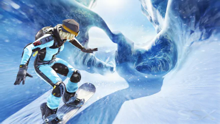 HD PC desktop wallpaper from SSX 3: a snowboarder in blue gear carving through a twisting ice chute amid dynamic snowy mountain action.