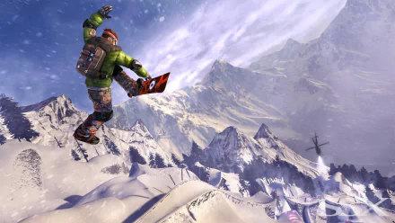 SSX 3 video game HD PC desktop wallpaper and background — snowboarder launching into an aerial trick above jagged snow‑covered peaks and a vast winter mountain landscape.
