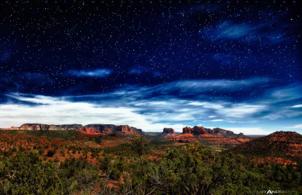 HD desktop wallpaper showcasing a stunning desert landscape under a starry night sky with scattered clouds, blending nature's beauty and vast open space.