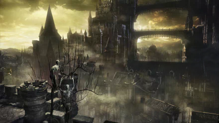 HD wallpaper of Dark Souls III depicting a desolate, gothic landscape with towering castles and broken structures illuminated by a haunting, yellow sky.