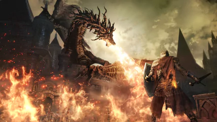 HD desktop wallpaper of Dark Souls III featuring an epic battle scene with a knight facing a fire-breathing dragon amidst a fiery landscape.