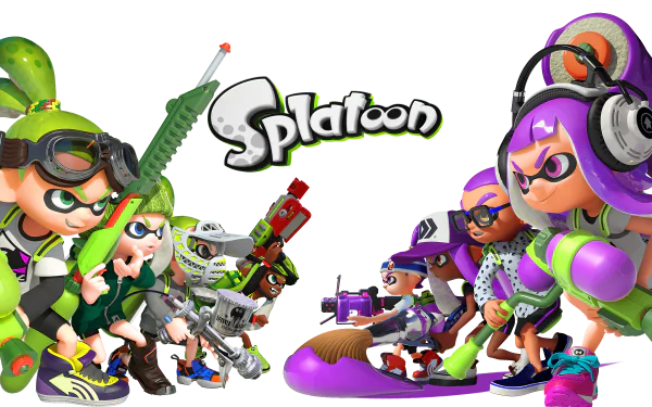 A vibrant HD desktop wallpaper featuring characters from the video game Splatoon, showcasing colorful ink-splatting action and dynamic poses of the iconic Inklings.
