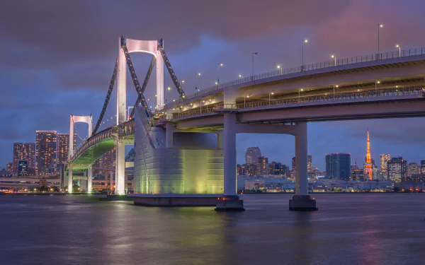 Night view of Tokyo's Rainbow Bridge illuminated over water with city skyline and Tokyo Tower in the background, captured in 4K Ultra HD.