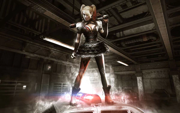 Harley Quinn stands triumphantly on a police car, wielding a bat in a dramatic setting from Batman: Arkham Knight, creating an intense HD desktop wallpaper.