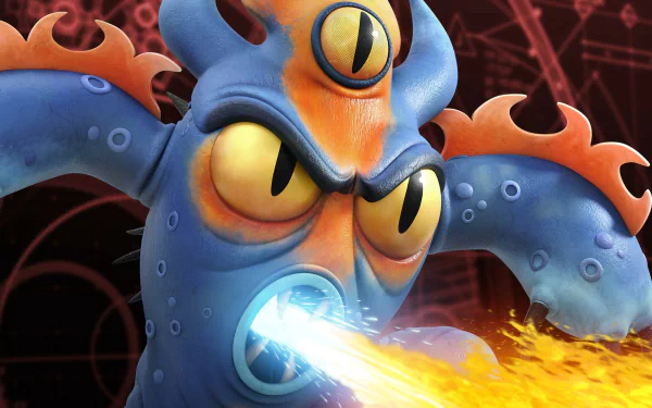 HD PC desktop wallpaper featuring Fredzilla, a fiery blue dragon-like character from the movie Big Hero 6, breathing fire against a dark, patterned background.